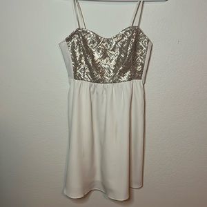 H&M Divided White Mini Dress with Bronze Sequin Bust - Size 2